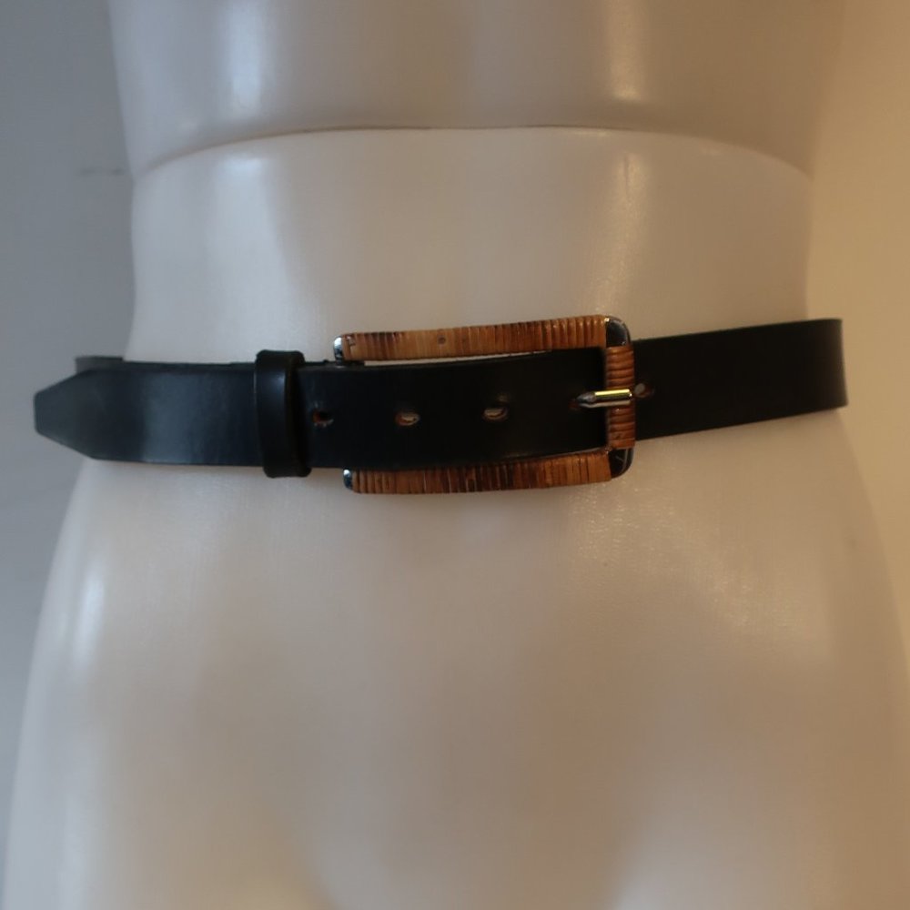 Vintage Black Leather Belt with Rattan Buckle